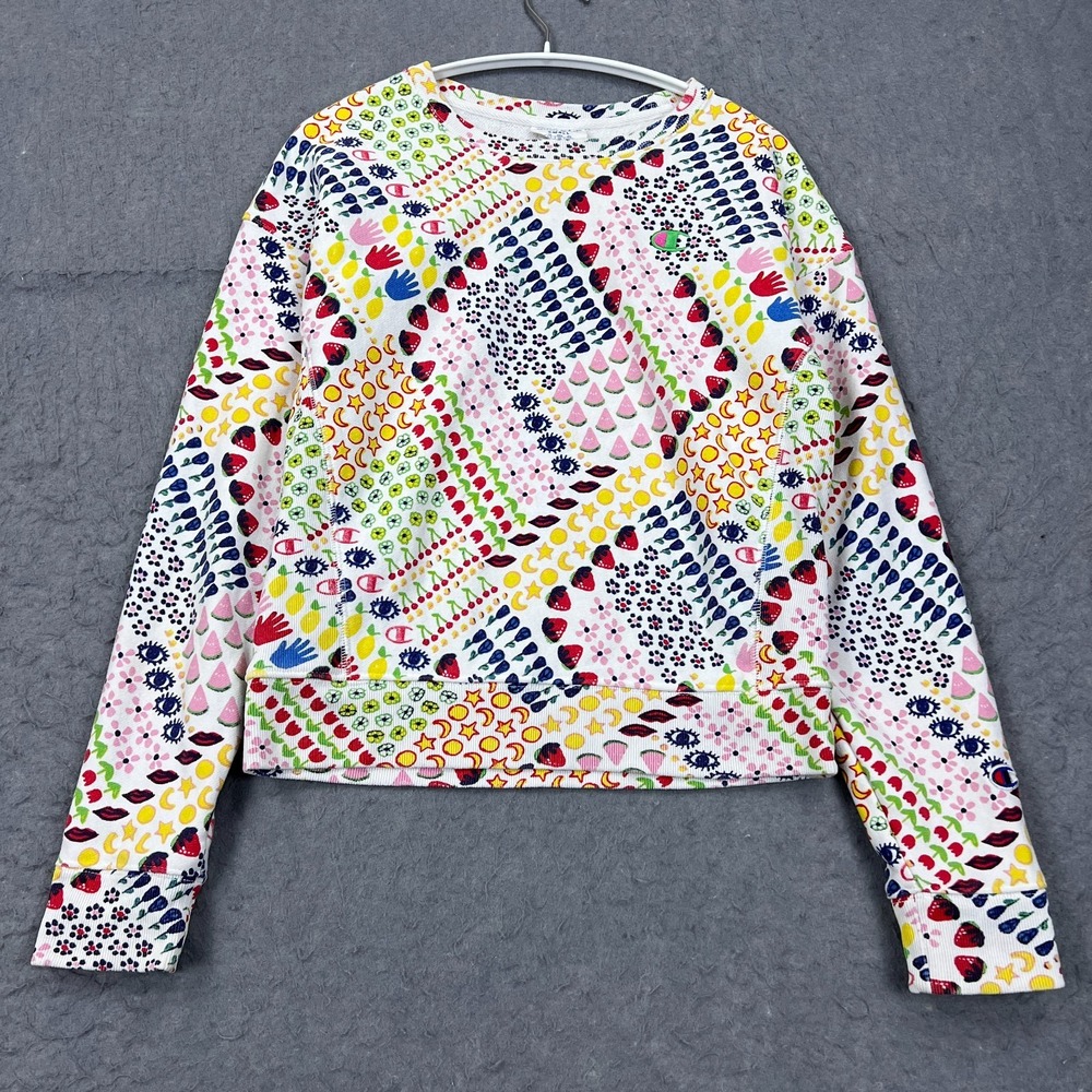 Champion Reverse Weave Sweatshirt Women's Small Susan Alexandra Multi Fruit AOP